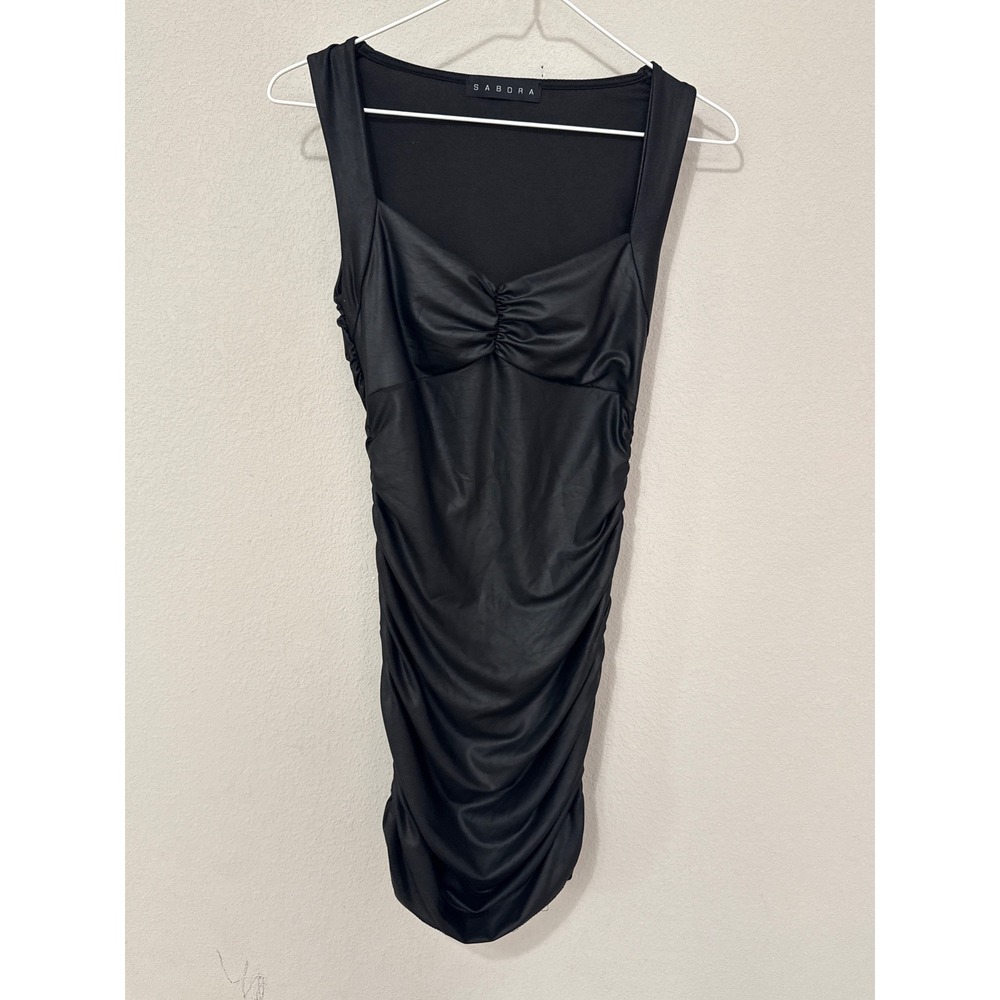 VTG Sabora Bodycon Dress Womens Small Black Ruched Sweetheart Mini Night Out LBD
